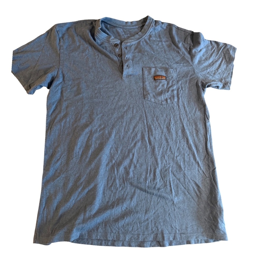 Patagonia Mens Blue Hemp Organic Cotton Short Sleeve Henley Pocket Shirt Large